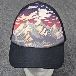 Eddie Bauer Black Trucker Hat Mountain Graphic Mesh Snapback Cap Nature Outdoor‎